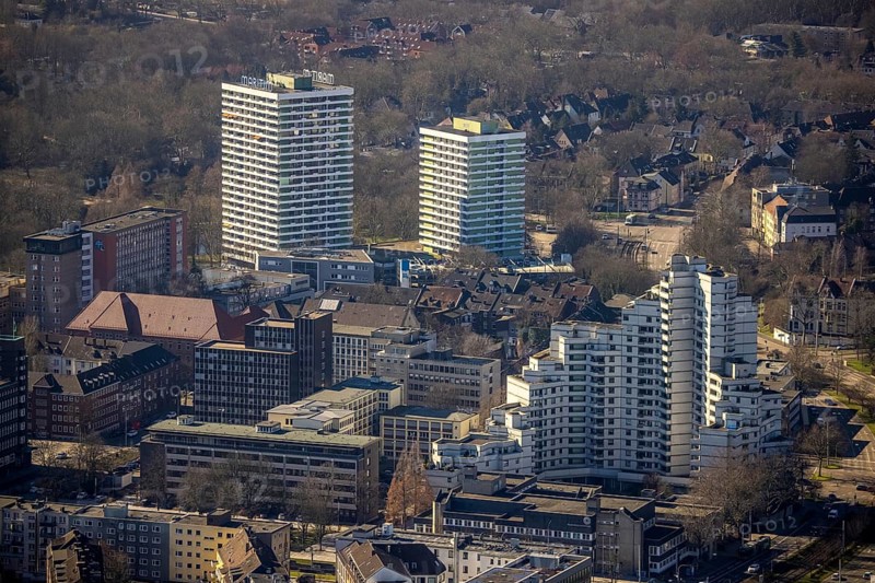 Aerial view, city skyscraper, Maritim Hotel, old town, Gelsenkirchen, Ruhr area, North Rhine-Westphalia, Germany, DE, Europe, gastronomy, skyscraper, hotel, hotel facilities, hotel industry, aerial photography, aerial photography, aerial photography, overview, bird's-eye view, overview