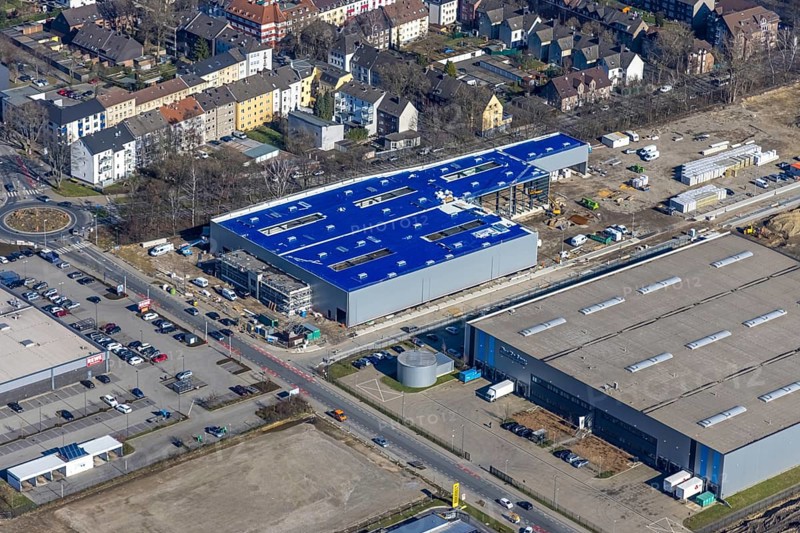 Aerial view, construction site commercial area and service location Europastraße, former blast furnace location Schalker Verein, Gelsenkirchen-Bulmke-Hüllen, Gelsenkirchen, Ruhr area, North Rhine-Westphalia, Germany, construction work, construction, construction area, building site, building plots, construction project, construction site, DE, Europe, commercial enterprises, commercial area, commercial park, commercial location, commercial use, industrial area, industrial building, industrial location, logistics, logistics service, logistics service provider, logistics provider, logistics centre, aerial view, aerial photography, aerial photography, new building, overview, bird's-eye view, overview