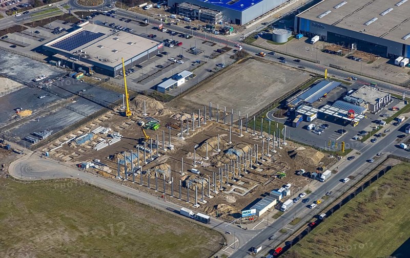 Aerial view, construction site commercial area and service location Europastraße, former blast furnace location Schalker Verein, Gelsenkirchen-Bulmke-Hüllen, Gelsenkirchen, Ruhr area, North Rhine-Westphalia, Germany, construction work, construction, construction area, building site, building plots, construction project, construction site, DE, Europe, commercial enterprises, commercial area, commercial park, commercial location, commercial use, industrial area, industrial building, industrial location, logistics, logistics service, logistics service provider, logistics provider, logistics centre, aerial view, aerial photography, aerial photography, new building, overview, bird's-eye view, overview