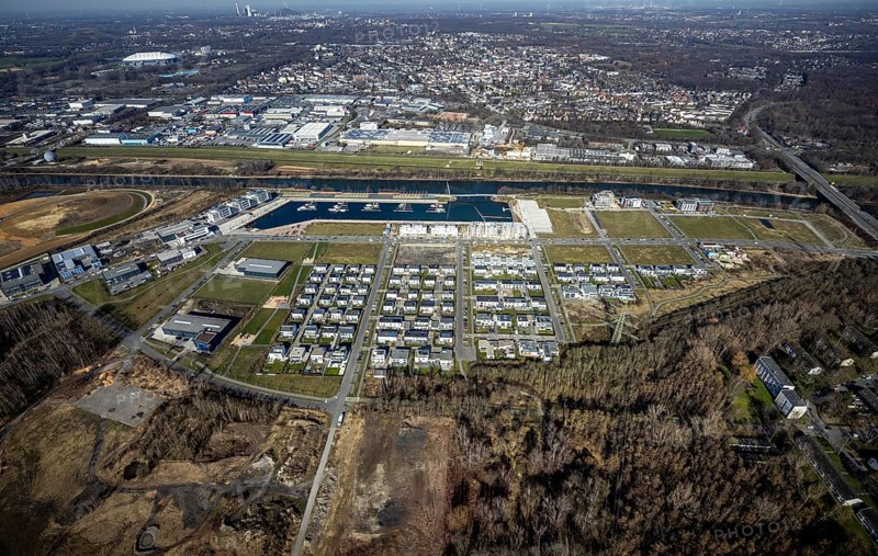 Aerial view, construction site, new construction area harbour quarter Graf Bismarck, marina Stölting Marina, Bismarck, Gelsenkirchen, Ruhr area, North Rhine-Westphalia, Germany, construction work, building, construction area, building site, building plots, construction project, construction site, DE, Europe, property tax, Real estate, Johannes-Rau-Allee, aerial view, aerial photography, aerial photography, new construction, Graf Bismarck urban quarter, overview, bird's-eye view, residential complex, living and living, residential area, residential buildings, residential quality, residential quarter, housing estate, birds-eyes view, overview