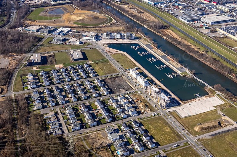 Aerial view, construction site, new construction area harbour quarter Graf Bismarck, marina Stölting Marina, Bismarck, Gelsenkirchen, Ruhr area, North Rhine-Westphalia, Germany, construction work, building, construction area, building site, building plots, construction project, construction site, DE, Europe, property tax, Real estate, Johannes-Rau-Allee, aerial view, aerial photography, aerial photography, new construction, Graf Bismarck urban quarter, overview, bird's-eye view, residential complex, living and living, residential area, residential buildings, residential quality, residential quarter, housing estate, birds-eyes view, overview