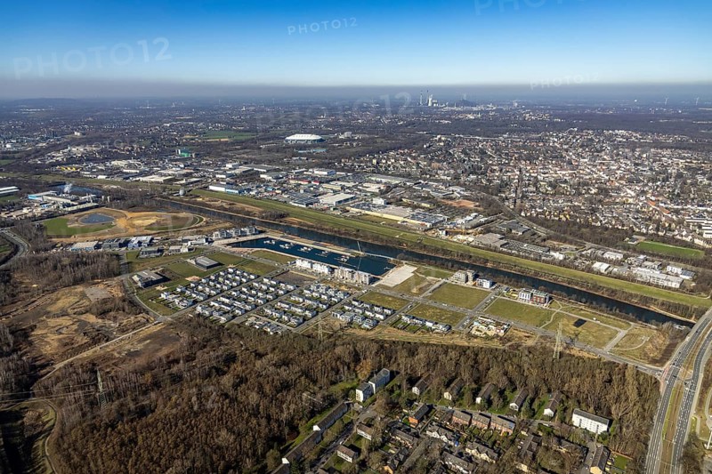 Aerial view, construction site, new construction area harbour quarter Graf Bismarck, marina Stölting Marina, Bismarck, Gelsenkirchen, Ruhr area, North Rhine-Westphalia, Germany, construction work, building, construction area, building site, building plots, construction project, construction site, DE, Europe, property tax, Real estate, Johannes-Rau-Allee, aerial view, aerial photography, aerial photography, new construction, Graf Bismarck urban quarter, overview, bird's-eye view, residential complex, living and living, residential area, residential buildings, residential quality, residential quarter, housing estate, birds-eyes view, overview