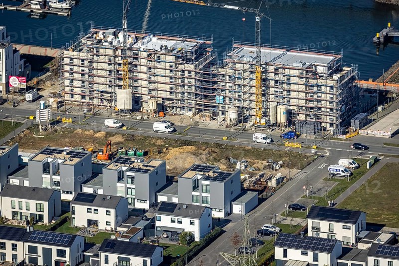 Aerial view, construction site, new construction area harbour quarter Graf Bismarck, marina Stölting Marina, Bismarck, Gelsenkirchen, Ruhr area, North Rhine-Westphalia, Germany, construction work, building, construction area, building site, building plots, construction project, construction site, DE, Europe, property tax, Real estate, Johannes-Rau-Allee, aerial view, aerial photography, aerial photography, new construction, Graf Bismarck urban quarter, overview, bird's-eye view, residential complex, living and living, residential area, residential buildings, residential quality, residential quarter, housing estate, birds-eyes view, overview