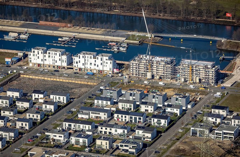 Aerial view, construction site, new construction area harbour quarter Graf Bismarck, marina Stölting Marina, Bismarck, Gelsenkirchen, Ruhr area, North Rhine-Westphalia, Germany, construction work, building, construction area, building site, building plots, construction project, construction site, DE, Europe, property tax, Real estate, Johannes-Rau-Allee, aerial view, aerial photography, aerial photography, new construction, Graf Bismarck urban quarter, overview, bird's-eye view, residential complex, living and living, residential area, residential buildings, residential quality, residential quarter, housing estate, birds-eyes view, overview