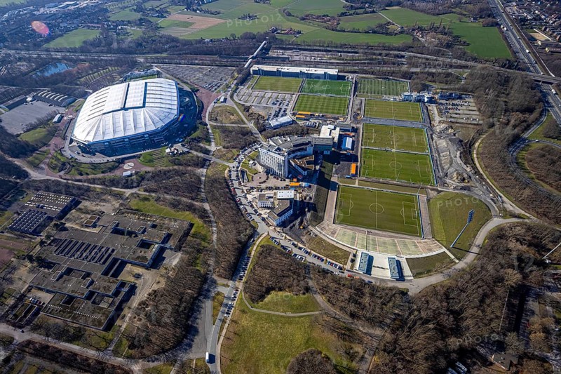 Aerial view, Schalke Veltins-Arena, Courtyard by Marriott Gelsenkirchen, hotel complex at Berger Feld, training grounds, Erle, Gelsenkirchen, Ruhr area, North Rhine-Westphalia, Germany, arena, Bundesliga stadium, DE, Europe, football pitch, football stadium, football club, gastronomy, hotel, hotel facilities, hotel business, aerial view, aerial photography, aerial photography, sports, sports facilities, sports field, sports facility, stadium, overview, bird's eye view, birds-eyes view, overview