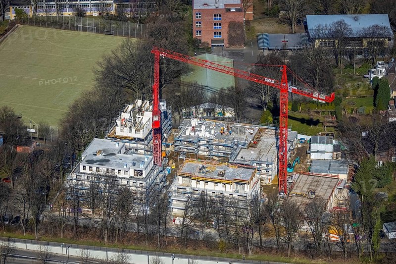 Aerial view, construction site of a new residential complex on Breddestraße, Vinckestraße, Buer, Gelsenkirchen, Ruhr area, North Rhine-Westphalia, Germany, construction work, building, construction area, building site, building plots, construction crane, construction project, construction site, DE, Europe, aerial view, aerial photography, aerial photography, new building, overview, bird's-eye view, overview
