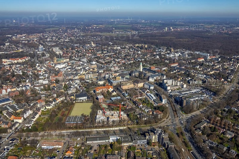 Aerial view, townscape Buer with town hall, Buer, Gelsenkirchen, Ruhr area, North Rhine-Westphalia, Germany, City, DE, Europe, aerial view, aerial photography, aerial photography, townscape, city area, city centre, overview, bird's-eye view, overview