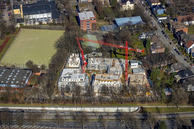 Aerial view, construction site of a new residential complex on Breddestraße, Vinckestraße, Buer, Gelsenkirchen, Ruhr area, North Rhine-Westphalia, Germany, construction work, building, construction area, building site, building plots, construction crane, construction project, construction site, DE, Europe, aerial view, aerial photography, aerial photography, new building, overview, bird's-eye view, overview