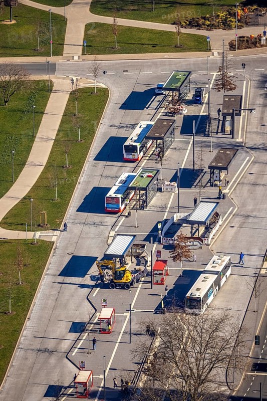 Aerial view, bus station Gelsenkirchen-Buer, Buer, Gelsenkirchen, Ruhr area, North Rhine-Westphalia, Germany, bus station, buses, DE, Europe, bus stop, aerial view, aerial photography, aerial photography, Springestraße, overview, bird's eye view, ZOB, birds-eyes view, overview