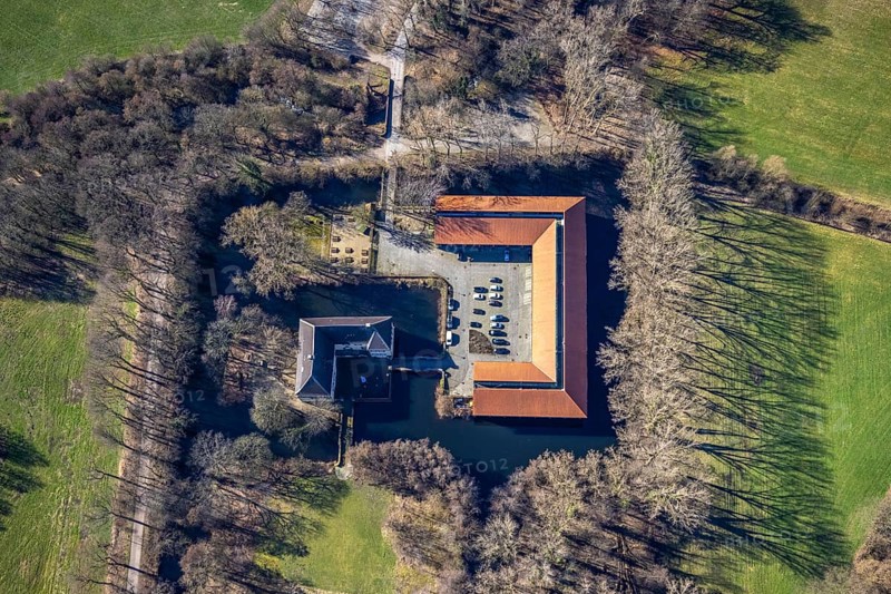 Aerial view, moated castle Haus Lüttinghof, ZfsL Building - Centre for Practical Teacher Training, Hassel, Gelsenkirchen, Ruhr area, North Rhine-Westphalia, Germany, castle, DE, Europe, moat, Haus Lüttinghof, manor house, manor building, aerial photograph, aerial photography, aerial photography, Lüttinghofallee, castle, sight, overview, bird's eye view, moat, moated castle, birds-eyes view, overview
