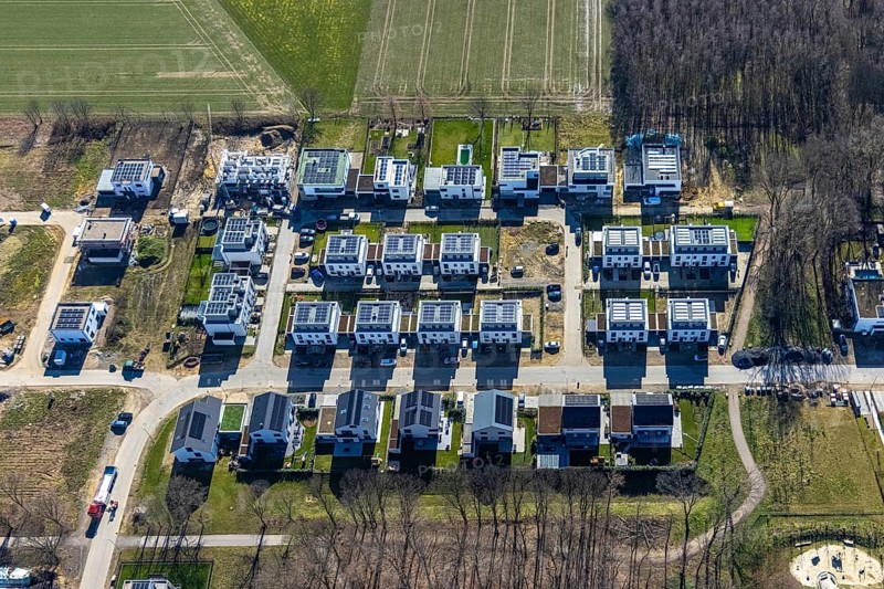 Aerial view, construction site, new development area Am Buerschen Waldbogen, Im Waldquartier, Resse, Gelsenkirchen, Ruhr area, North Rhine-Westphalia, Germany, construction work, building, construction area, building site, building plots, construction project, construction site, DE, Europe, property tax, real estate, aerial view, aerial photography, aerial photography, new construction, overview, bird's-eye view, housing estate, residential area, residential buildings, residential quality, residential neighbourhood, housing estate, Zur Marienkapelle, birds-eyes view, overview