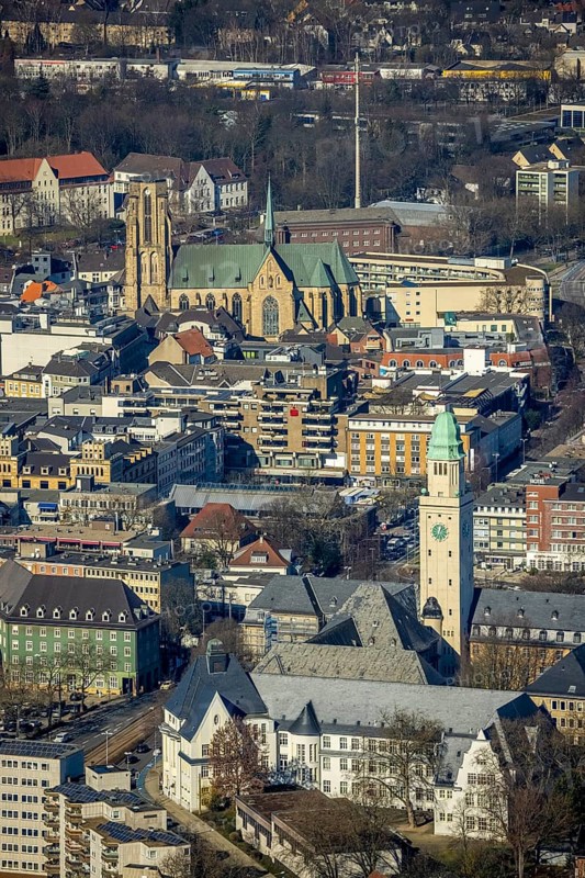 Aerial view, Town Hall Buer with tower, Catholic Provost Church St. Urbanus, Buer, Gelsenkirchen, Ruhr area, North Rhine-Westphalia, Germany, place of worship, authority, DE, Europe, religious community, place of worship, holy place, church, parish, denomination, aerial view, aerial photography, aerial photography, town hall, religion, religious site, St. Urbanus Church Square, overview, bird's eye view, birds-eyes view, overview