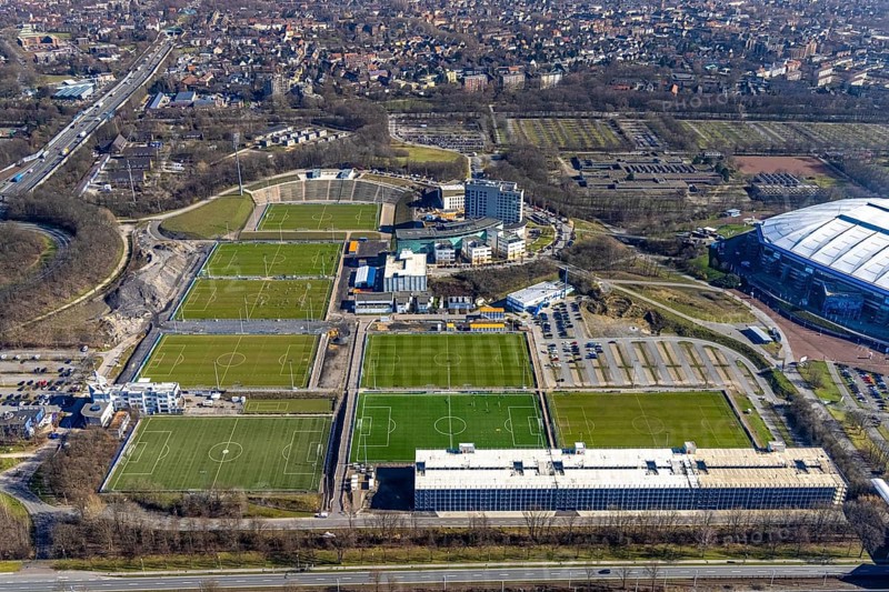 Aerial view, Courtyard by Marriott Gelsenkirchen, training grounds at the Schalke Veltins-Arena, Berger Feld, Erle, Gelsenkirchen, Ruhr area, North Rhine-Westphalia, Germany, Arena, DE, Europe, football pitch, football stadium, football club, gastronomy, hotel, hotel facilities, hotel business, aerial view, aerial photography, aerial photography, sports, sports facilities, sports field, sports facility, stadium, overview, bird's-eye view, overview