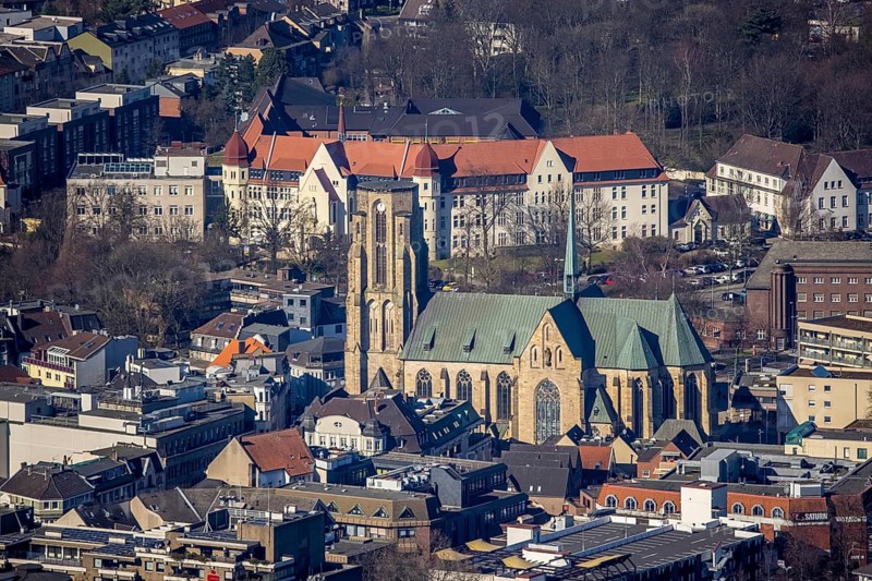 Aerial view, Catholic Provost Church of St. Urbanus, Buer, Gelsenkirchen, Ruhr area, North Rhine-Westphalia, Germany, place of worship, DE, Europe, religious community, place of worship, holy place, church, parish, denomination, aerial view, aerial photography, aerial photography, religion, religious site, St. Urbanus Church Square, overview, bird's-eye view, overview