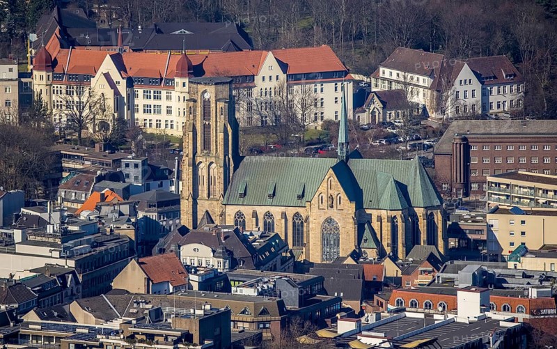 Aerial view, Catholic Provost Church of St. Urbanus, Buer, Gelsenkirchen, Ruhr area, North Rhine-Westphalia, Germany, place of worship, DE, Europe, religious community, place of worship, holy place, church, parish, denomination, aerial view, aerial photography, aerial photography, religion, religious site, St. Urbanus Church Square, overview, bird's-eye view, overview