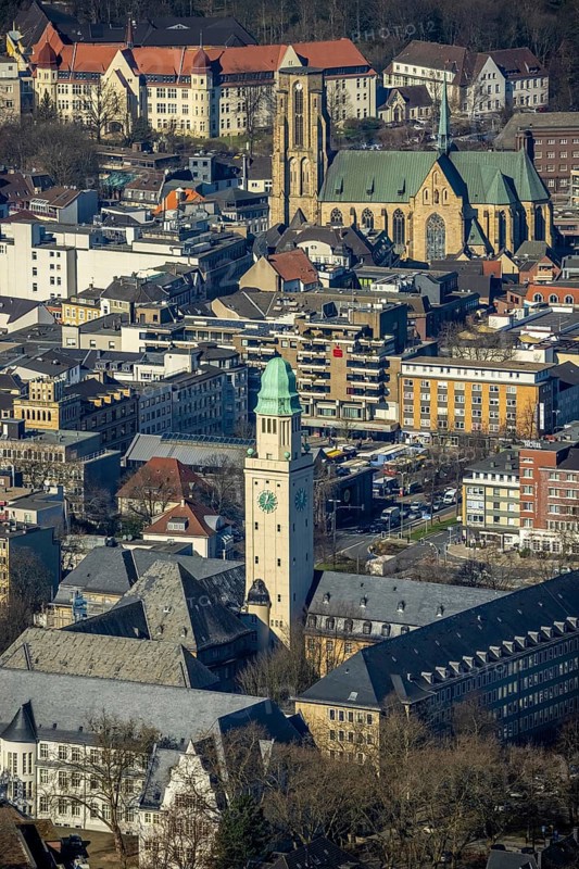 Aerial view, Town Hall Buer with tower, Catholic Provost Church St. Urbanus, Buer, Gelsenkirchen, Ruhr area, North Rhine-Westphalia, Germany, place of worship, authority, DE, Europe, religious community, place of worship, holy place, church, parish, denomination, aerial view, aerial photography, aerial photography, town hall, religion, religious site, St. Urbanus Church Square, overview, bird's eye view, birds-eyes view, overview