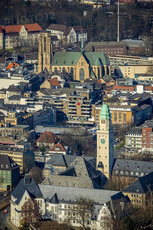 Aerial view, Town Hall Buer with tower, Catholic Provost Church St. Urbanus, Buer, Gelsenkirchen, Ruhr area, North Rhine-Westphalia, Germany, place of worship, authority, DE, Europe, religious community, place of worship, holy place, church, parish, denomination, aerial view, aerial photography, aerial photography, town hall, religion, religious site, St. Urbanus Church Square, overview, bird's eye view, birds-eyes view, overview
