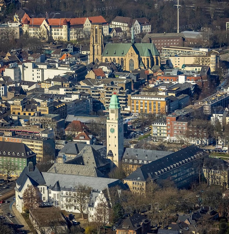 Aerial view, Town Hall Buer with tower, Catholic Provost Church St. Urbanus, Buer, Gelsenkirchen, Ruhr area, North Rhine-Westphalia, Germany, place of worship, authority, DE, Europe, religious community, place of worship, holy place, church, parish, denomination, aerial view, aerial photography, aerial photography, town hall, religion, religious site, St. Urbanus Church Square, overview, bird's eye view, birds-eyes view, overview