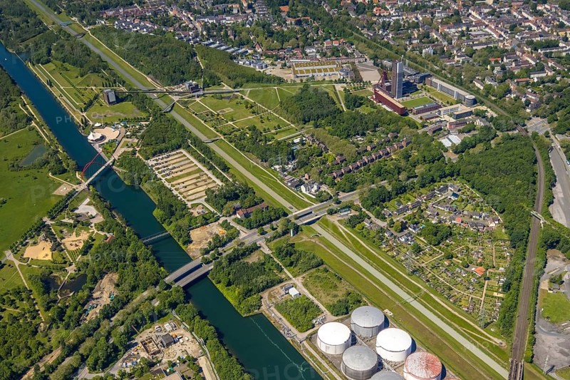 Aerial view, industrial park Nordstern, Nordsternpark, Heßler, Gelsenkirchen, Ruhr area, North Rhine-Westphalia, Germany, DE, Europe, birds-eyes view, aerial photography, aerial photography, overview, bird's eye view, commercial sites, commercial areas