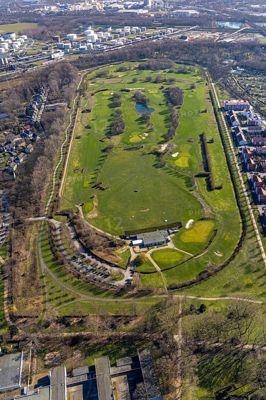 Aerial view, golf course and golf club GC Schloss Horst GmbH, Horst, An der Rennbahn, Gelsenkirchen, Ruhr area, North Rhine-Westphalia, Germany, DE, Europe, golf, golf course, golf club, golf course, golf meadow, Johannastrasse, aerial view, aerial photography, aerial photography, castle, castle park, sports, overview, bird's-eye view, overview