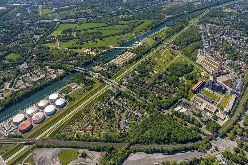 Aerial view, industrial park Nordstern, Nordsternpark, Heßler, Gelsenkirchen, Ruhr area, North Rhine-Westphalia, Germany, DE, Europe, birds-eyes view, aerial photography, aerial photography, overview, bird's eye view, commercial sites, commercial areas