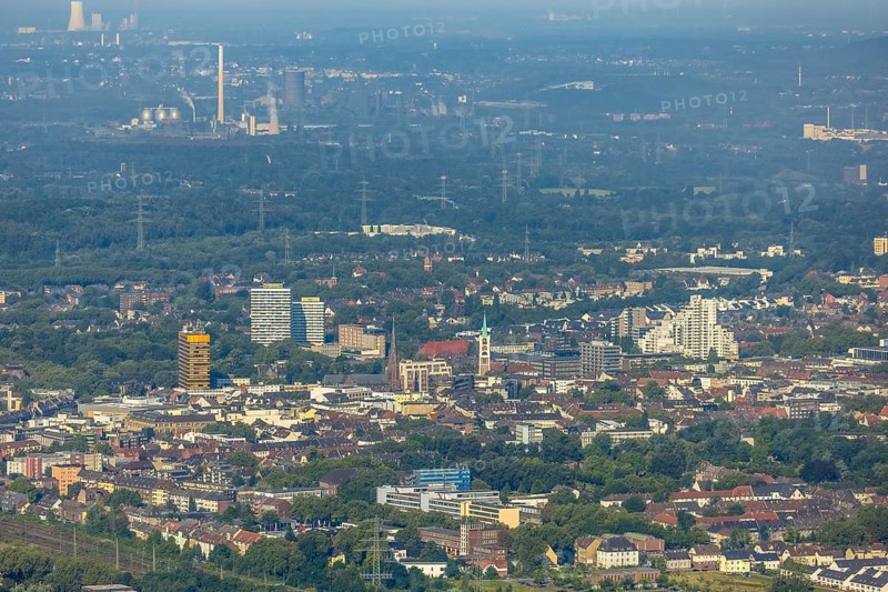 Aerial view, Old Town and City skyscrapers with Provost Church St. Augustinus and Old Town Church Emmaus in Gelsenkirchen, Ruhr area, North Rhine-Westphalia, Germany, place of worship, City, DE, Europe, Gelsenkirchen, faith community, place of worship, holy place, skyscrapers, city centre, church, parish, denomination, aerial view, aerial photography, aerial photography, religion, religious site, overview, bird's-eye view, overview