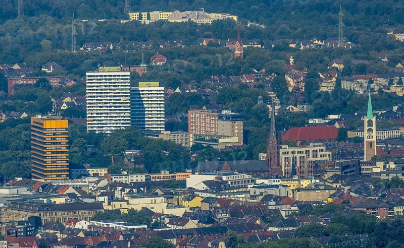 Aerial view, Old Town and City skyscrapers with Provost Church St. Augustinus and Old Town Church Emmaus in Gelsenkirchen, Ruhr area, North Rhine-Westphalia, Germany, place of worship, City, DE, Europe, Gelsenkirchen, faith community, place of worship, holy place, skyscrapers, city centre, church, parish, denomination, aerial view, aerial photography, aerial photography, religion, religious site, overview, bird's-eye view, overview