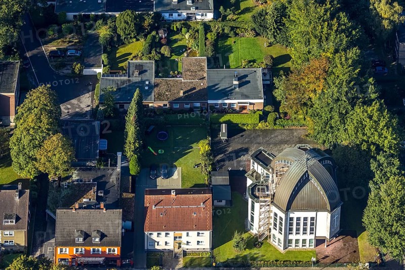 Aerial view, New Apostolic Church Gelsenkirchen-Resse in the district Resse in Gelsenkirchen, Ruhr area, North Rhine-Westphalia, Germany, place of worship, DE, Europe, Gelsenkirchen, religious community, place of worship, holy place, church, parish, denomination, aerial view, aerial photography, aerial photography, religion, religious site, overview, bird's-eye view, overview
