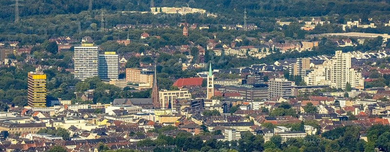 Aerial view, Old Town and City skyscrapers with Provost Church St. Augustinus and Old Town Church Emmaus in Gelsenkirchen, Ruhr area, North Rhine-Westphalia, Germany, place of worship, City, DE, Europe, Gelsenkirchen, faith community, place of worship, holy place, skyscrapers, city centre, church, parish, denomination, aerial view, aerial photography, aerial photography, panoramic photo, religion, religious site, overview, bird's eye view, birds-eyes view, overview