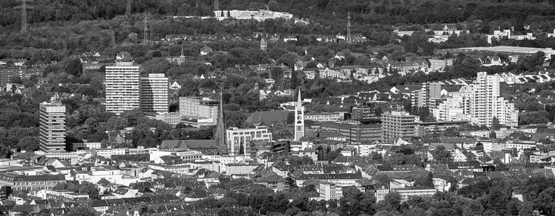 Aerial view, Old Town and City skyscrapers with Provost Church St. Augustinus and Old Town Church Emmaus in Gelsenkirchen, Ruhr area, North Rhine-Westphalia, Germany, place of worship, City, DE, Europe, Gelsenkirchen, faith community, place of worship, holy place, skyscrapers, city centre, church, parish, denomination, aerial view, aerial photography, aerial photography, panoramic photo, religion, religious site, overview, bird's eye view, birds-eyes view, overview