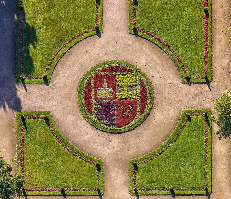 Aerial view, moated castle Schloss Berge green areas and city coat of arms of Gelsenkirchen in the district Buer in Gelsenkirchen, Ruhr area, North Rhine-Westphalia, Germany, Adenauerallee, DE, Europe, shapes and colours, gastronomy, Gelsenkirchen, green areas, hotel, hotel facilities, hotel business, logo, aerial view, aerial photography, aerial photography, restaurant, overview, bird's eye view, coat of arms, birds-eyes view, overview