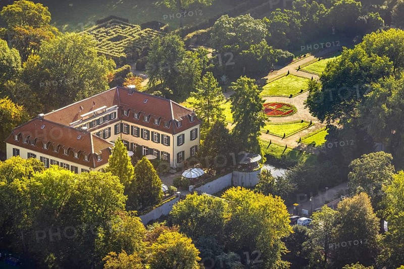 Aerial view, moated castle Schloss Berge in the district Buer in Gelsenkirchen, Ruhr area, North Rhine-Westphalia, Germany, Adenauerallee, DE, Europe, gastronomy, Gelsenkirchen, green areas, hotel, hotel facilities, hotel business, aerial view, aerial photography, aerial photography, restaurant, overview, bird's-eye view, overview