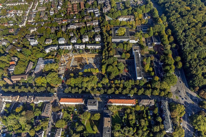 Aerial view, Max-Planck-Gymnasium and construction site with new building for multi-family houses at the former district court in the district Buer in Gelsenkirchen, Ruhr area, North Rhine-Westphalia, Germany, construction work, construction area, construction site, building plots, construction project, construction site, education, educational institution, DE, Europe, Gelsenkirchen, grammar school, teaching institute, aerial view, aerial photography, aerial photography, new building, school, overview, bird's eye view, birds-eyes view, overview