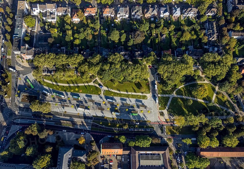 Aerial view, bus station Gelsenkirchen-Buer in the district Buer in Gelsenkirchen, Ruhr area, North Rhine-Westphalia, Germany, bus station, bus stop, buses, DE, Europe, Gelsenkirchen, GoldbergPark, Goldbergstraße, aerial view, aerial photography, aerial photography, bus station, overview, bird's eye view, ZOB, birds-eyes view, overview