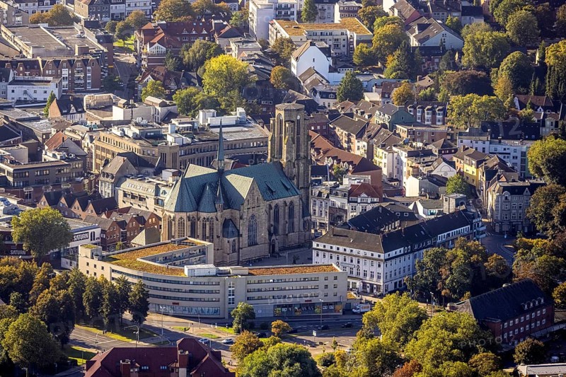 Aerial view, City Buer-Mitte with the Catholic Propsteikirche St. Urbanus in the district Buer in Gelsenkirchen, Ruhr area, North Rhine-Westphalia, Germany, place of worship, City, DE, Europe, Gelsenkirchen, religious community, place of worship, holy place, city centre, church, parish, denomination, aerial view, aerial photography, aerial photography, religion, religious site, city centre, overview, bird's eye view, birds-eyes view, overview