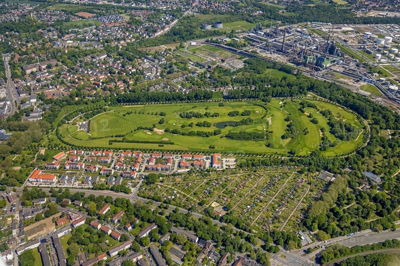 Aerial view, golf course Horst at Schloss Horst, Horst, Gelsenkirchen, Ruhr area, North Rhine-Westphalia, Germany, DE, Europe, birds-eyes view, aerial photography, aerial photography, overview, bird's eye view, commercial sites, commercial areas