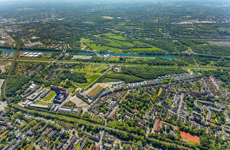 Aerial view, industrial park Nordstern, Nordsternpark, Heßler, Gelsenkirchen, Ruhr area, North Rhine-Westphalia, Germany, DE, Europe, birds-eyes view, aerial photography, aerial photography, overview, bird's eye view, commercial sites, commercial areas