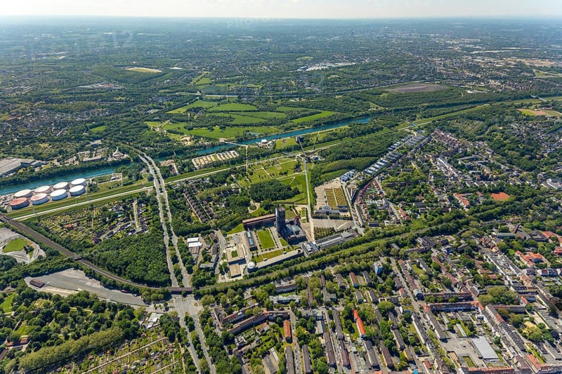 Aerial view, industrial park Nordstern, Nordsternpark, Heßler, Gelsenkirchen, Ruhr area, North Rhine-Westphalia, Germany, DE, Europe, birds-eyes view, aerial photography, aerial photography, overview, bird's eye view, commercial sites, commercial areas