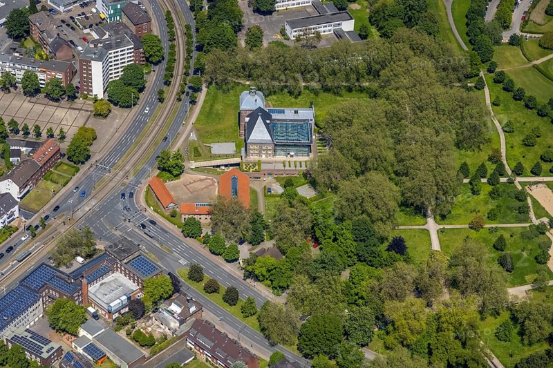 Aerial photograph, Horst Castle Adventure Museum, Horst Castle outer bailey with community centre and municipal library, Horst, Gelsenkirchen, Ruhr area, North Rhine-Westphalia, Germany, DE, Europe, aerial photograph, aerial photography, aerial photography, museum, castle, Turfstraße, overview, bird's-eye view, bird's-eye view, overview