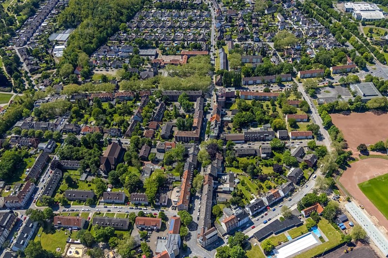 Aerial view, Perspective local supply centre Heßler, Fersenbruch, retail centre, Horst, Gelsenkirchen, Ruhr area, North Rhine-Westphalia, Germany, DE, Europe, birds-eyes view, aerial view, aerial photography, aerial photography, overview, overview, bird's eye view, retail centres of the city of Gelsenkirchen, shopping street, district