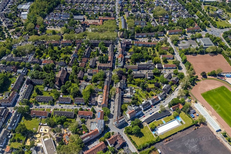 Aerial view, Perspective local supply centre Heßler, Fersenbruch, retail centre, Horst, Gelsenkirchen, Ruhr area, North Rhine-Westphalia, Germany, DE, Europe, birds-eyes view, aerial view, aerial photography, aerial photography, overview, overview, bird's eye view, retail centres of the city of Gelsenkirchen, shopping street, district