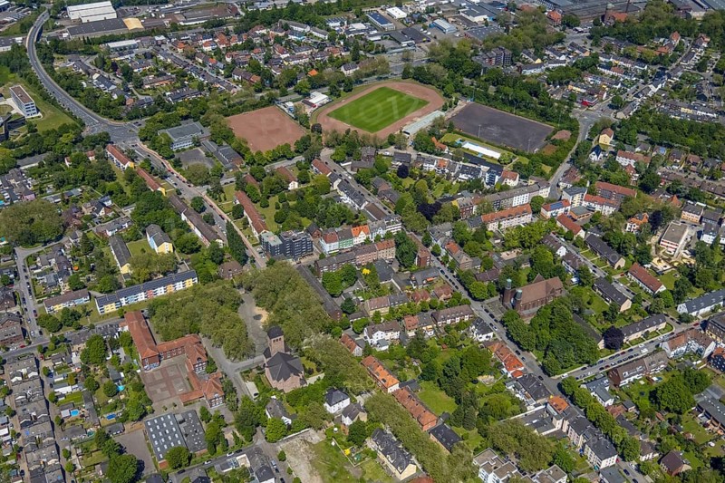 Aerial view, Perspective local supply centre Heßler, Fersenbruch, retail centre, Horst, Gelsenkirchen, Ruhr area, North Rhine-Westphalia, Germany, DE, Europe, birds-eyes view, aerial view, aerial photography, aerial photography, overview, overview, bird's eye view, retail centres of the city of Gelsenkirchen, shopping street, district