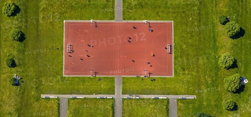 Aerial view, Consol-Park football field, football pitch, leisure facility, Bismarck, Gelsenkirchen, Ruhr area, North Rhine-Westphalia, Germany, DE, Europe, shapes and colours, leisure area, leisure park, site of the former Consolidation 3/4/9 colliery, aerial view, aerial photography, aerial photography, trend sports facility Consol, overview, bird's-eye view, overview