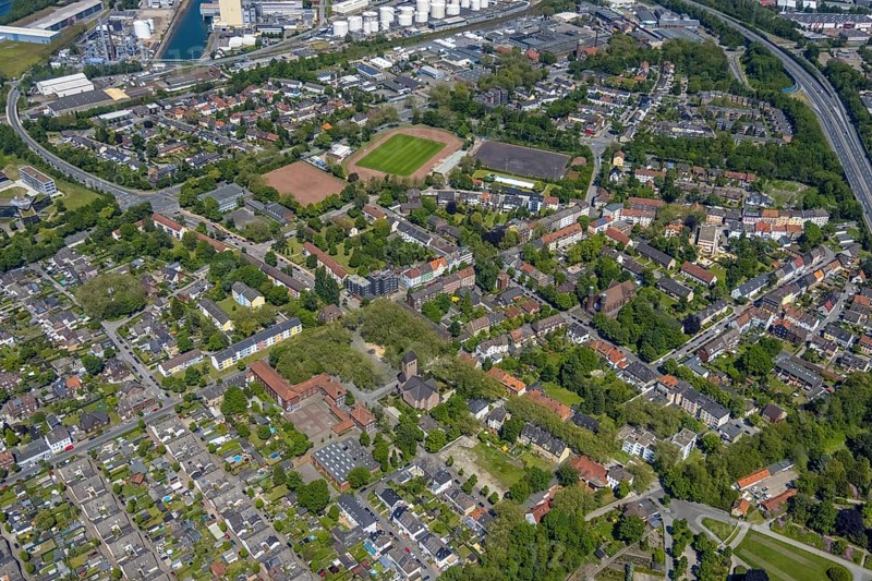 Aerial view, Perspective local supply centre Heßler, Fersenbruch, retail centre, Horst, Gelsenkirchen, Ruhr area, North Rhine-Westphalia, Germany, DE, Europe, birds-eyes view, aerial view, aerial photography, aerial photography, overview, overview, bird's eye view, retail centres of the city of Gelsenkirchen, shopping street, district