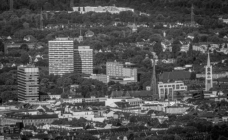 Aerial view, Old Town and City skyscrapers with Provost Church St. Augustinus and Old Town Church Emmaus in Gelsenkirchen, Ruhr area, North Rhine-Westphalia, Germany, place of worship, City, DE, Europe, Gelsenkirchen, faith community, place of worship, holy place, skyscrapers, city centre, church, parish, denomination, aerial view, aerial photography, aerial photography, religion, religious site, overview, bird's-eye view, overview
