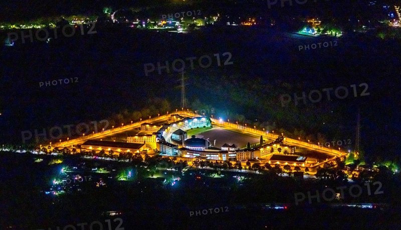 Aerial view, Gelsenkirchen Prison, JVA Feldmark, Gelsenkirchen, Ruhr area, North Rhine-Westphalia, Germany, Aldenhofstraße, detention, DE, triangular shape, twilight photography, Europe, imprisonment, prison, detention centre, prison sentence, correctional facility, light pollution, aerial photography, aerial photography, night, night photography, night flight, overview, custody, bird's eye view, illuminated streets, birds-eyes view, nightflight, overview