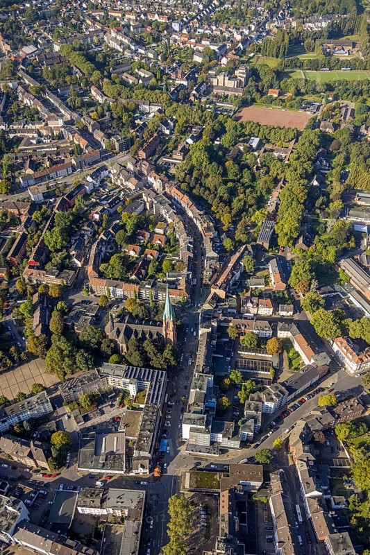Aerial view, Essener Straße pedestrian zone with St. Hippolytus Church and Josef-Büscher-Platz in the Horst district of Gelsenkirchen, Ruhr area, North Rhine-Westphalia, Germany, place of worship, DE, shopping mile, shopping square, shopping centre, Europe, pedestrian zone, Gelsenkirchen, religious community, place of worship, holy place, church, parish, denomination, aerial view, aerial photography, aerial photography, marketplace, religion, religious site, overview, bird's-eye view, overview