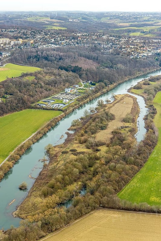 Aerial view, River Ruhr, Lower Kettwiger Ruhraue, Ruhrverabnd sewage treatment plant, Kettwig, Essen, Ruhr area, North Rhine-Westphalia, Germany, DE, Europe, green trees, sewage treatment plant, landscape conservation area, aerial view, aerial photography, aerial photography, overview, bird's eye view, meadows and fields, birds-eyes view, overview