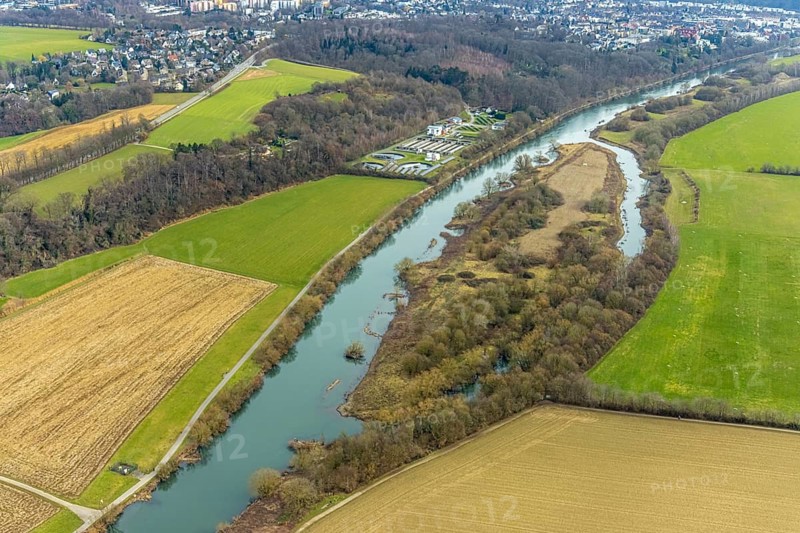 Aerial view, River Ruhr, Lower Kettwiger Ruhraue, Ruhrverabnd sewage treatment plant, Kettwig, Essen, Ruhr area, North Rhine-Westphalia, Germany, DE, Europe, green trees, sewage treatment plant, landscape conservation area, aerial view, aerial photography, aerial photography, overview, bird's eye view, meadows and fields, birds-eyes view, overview