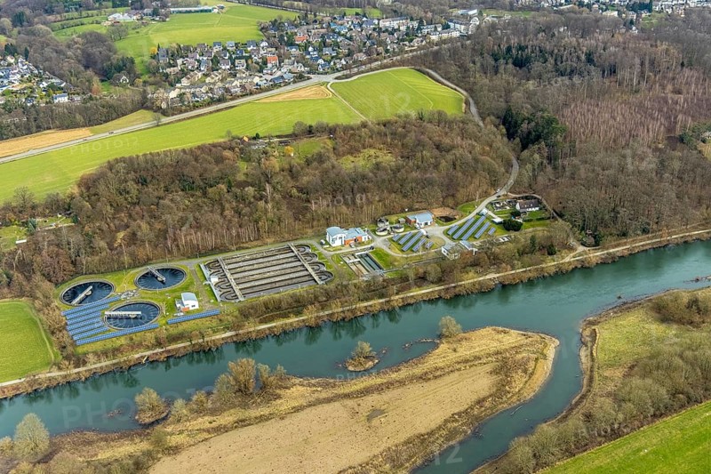 Aerial view, river Ruhr, Ruhr wastewater treatment plant, solar plant, Kettwig, Essen, Ruhr area, North Rhine-Westphalia, Germany, DE, Europe, landscape conservation area, aerial view, aerial photography, aerial photography, photovoltaic, photovoltaic plant, solar, solar energy, solar energy, overview, bird's-eye view, birds-eyes view, overview